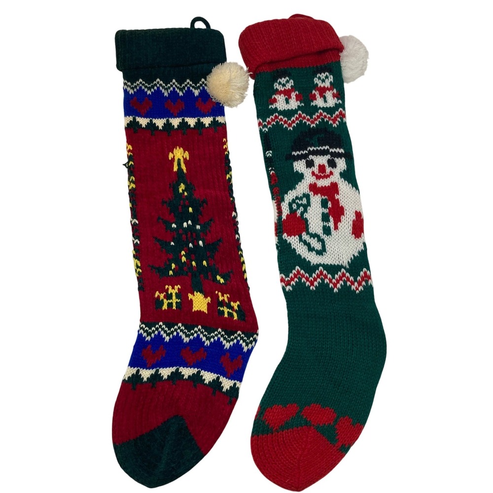2 Knit Christmas Stockings Snowman Christmas Tree Green‎ Red 20" x 4.5"
